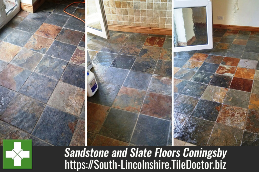 Dirty Sandstone and Slate Floors deep cleaned and sealed in Coningsby