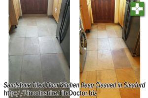 Sandstone Tiled Kitchen Floor Before and After Cleaning at Sleaford Barn Conversion