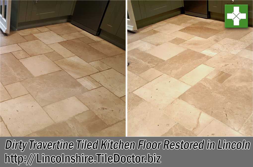 Travertine Kitchen Floor Before and After Restoration in Lincoln