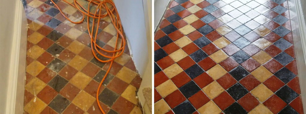 Old Victorian tiled hallway before after cleaning Louth