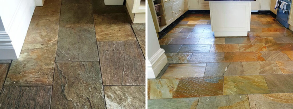 Riven slate floor Before After Sealing at Boston Farmhouse