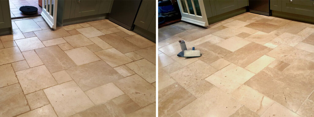 Travertine Kitchen Floor Before After Cleaning and Sealing Lincoln