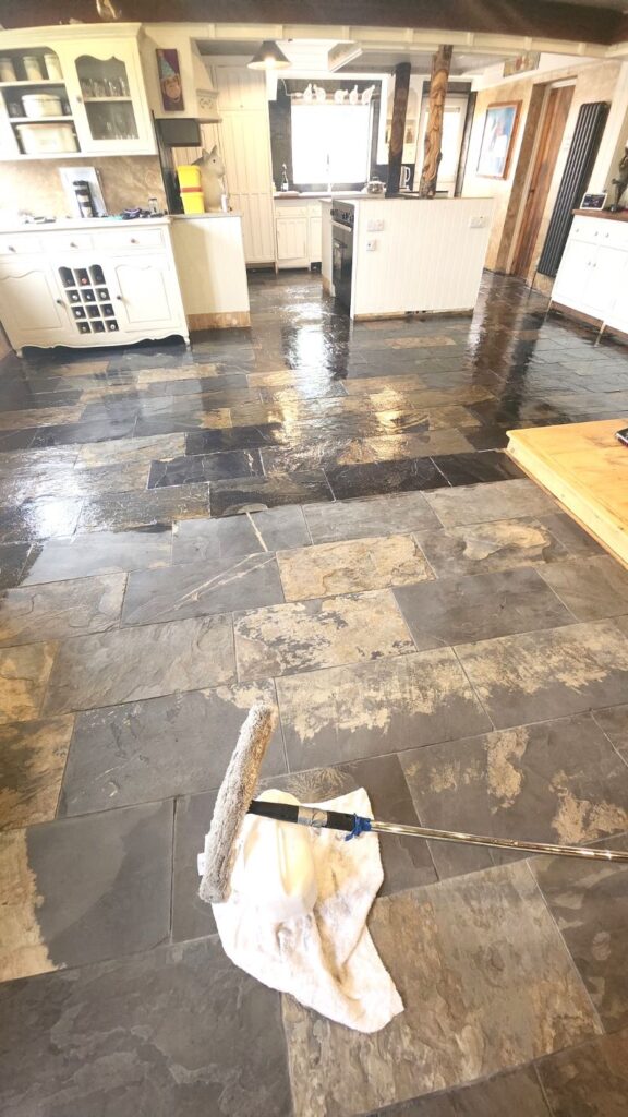 Riven Slate Tiled Floor During Sealing Boston